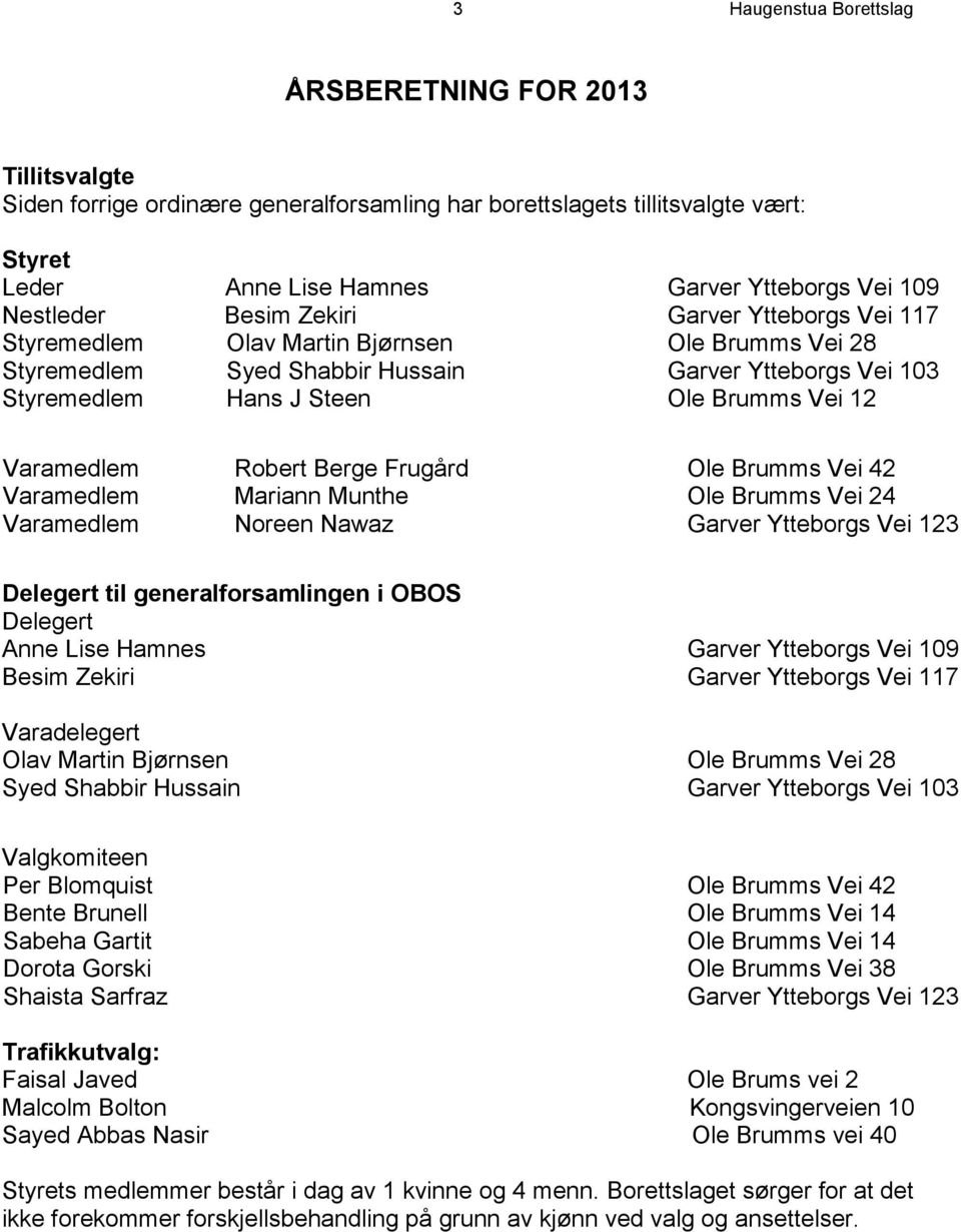 Varamedlem Robert Berge Frugård Ole Brumms Vei 42 Varamedlem Mariann Munthe Ole Brumms Vei 24 Varamedlem Noreen Nawaz Garver Ytteborgs Vei 123 Delegert til generalforsamlingen i OBOS Delegert Anne