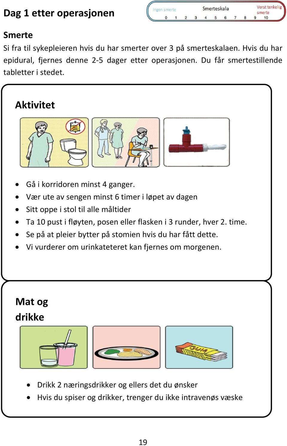 Vær ute av sengen minst 6 timer i løpet av dagen Sitt oppe i stol til alle måltider Ta 10 pust i fløyten, posen eller flasken i 3 runder, hver 2. time. Se på at pleier bytter på stomien hvis du har fått dette.