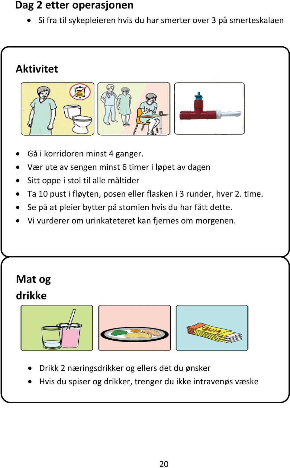 Vær ute av sengen minst 6 timer i løpet av dagen Sitt oppe i stol til alle måltider Ta 10 pust i fløyten, posen eller flasken i 3