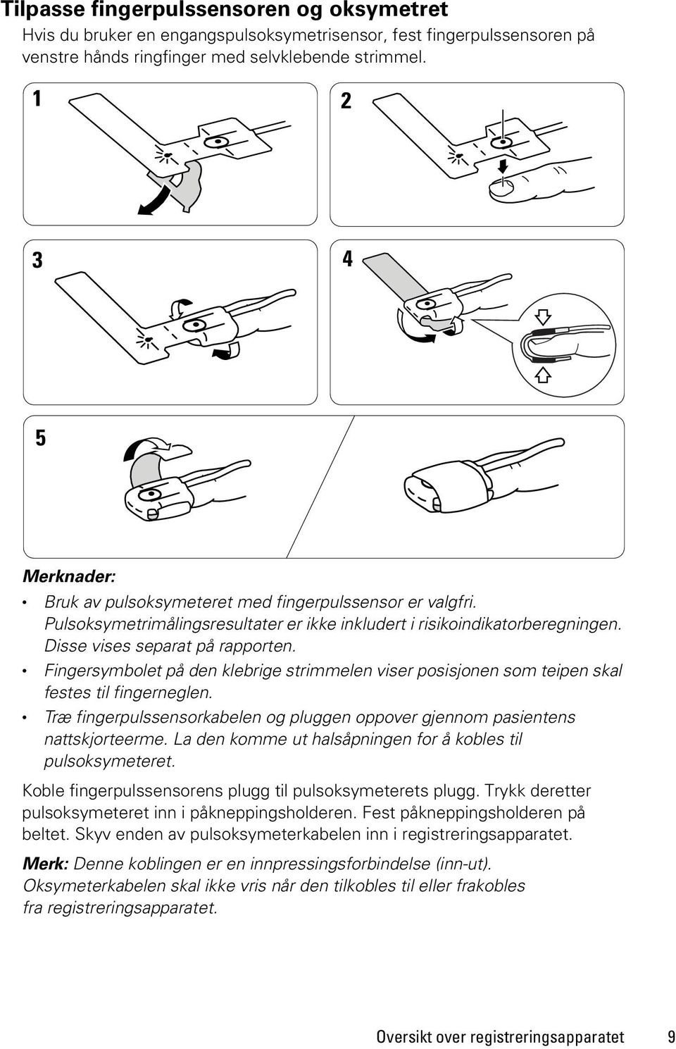 Fingersymbolet på den klebrige strimmelen viser posisjonen som teipen skal festes til fingerneglen. Træ fingerpulssensorkabelen og pluggen oppover gjennom pasientens nattskjorteerme.