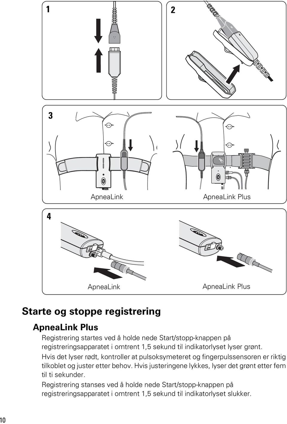 Hvis det lyser rødt, kontroller at pulsoksymeteret og fingerpulssensoren er riktig tilkoblet og juster etter behov.