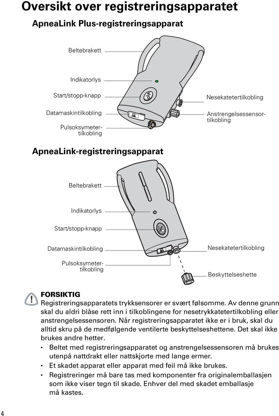 Registreringsapparatets trykksensorer er svært følsomme. Av denne grunn skal du aldri blåse rett inn i tilkoblingene for nesetrykkatetertilkobling eller anstrengelsessensoren.