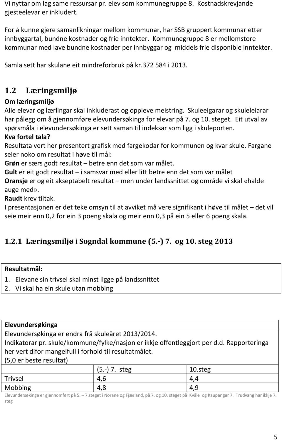 Kommunegruppe 8 er mellomstore kommunar med lave bundne kostnader per innbyggar og middels frie disponible inntekter. Samla sett har skulane eit mindreforbruk på kr.372 584 i 2013. 1.