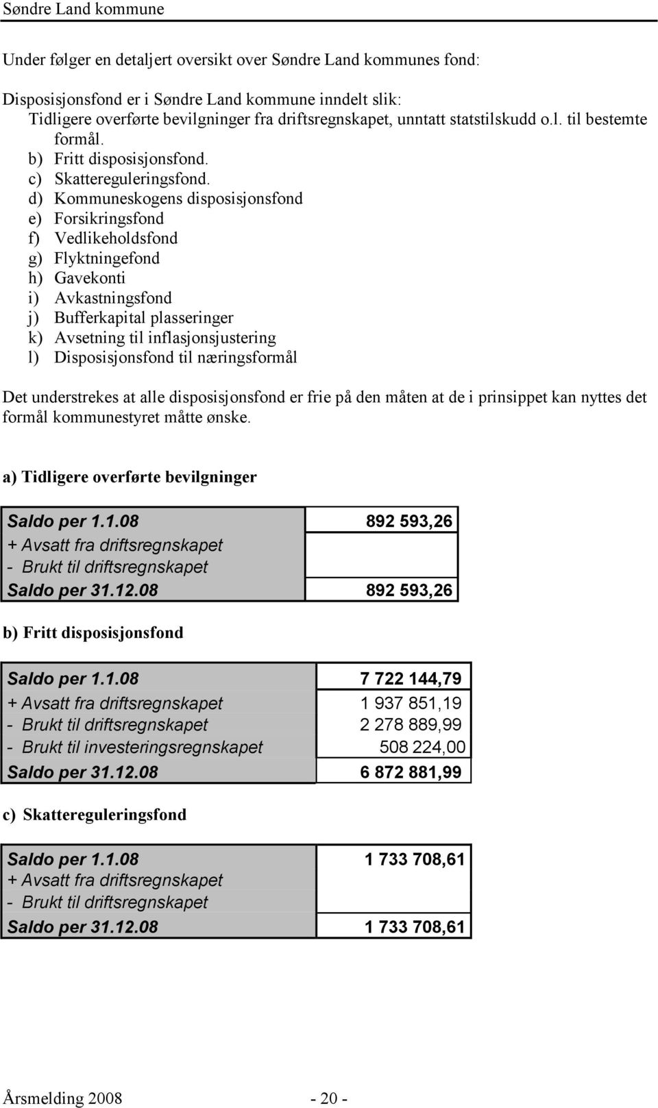 d) Kommuneskogens disposisjonsfond e) Forsikringsfond f) Vedlikeholdsfond g) Flyktningefond h) Gavekonti i) Avkastningsfond j) Bufferkapital plasseringer k) Avsetning til inflasjonsjustering l)