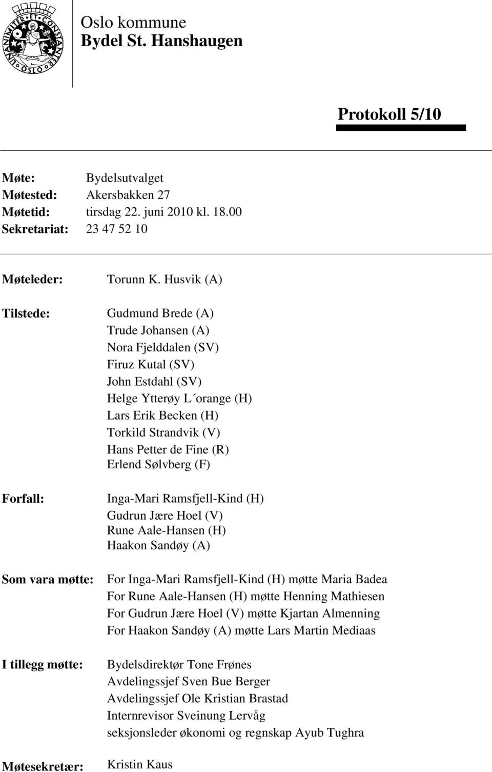 Husvik (A) Gudmund Brede (A) Trude Johansen (A) Nora Fjelddalen (SV) Firuz Kutal (SV) John Estdahl (SV) Helge Ytterøy L orange (H) Lars Erik Becken (H) Torkild Strandvik (V) Hans Petter de Fine (R)