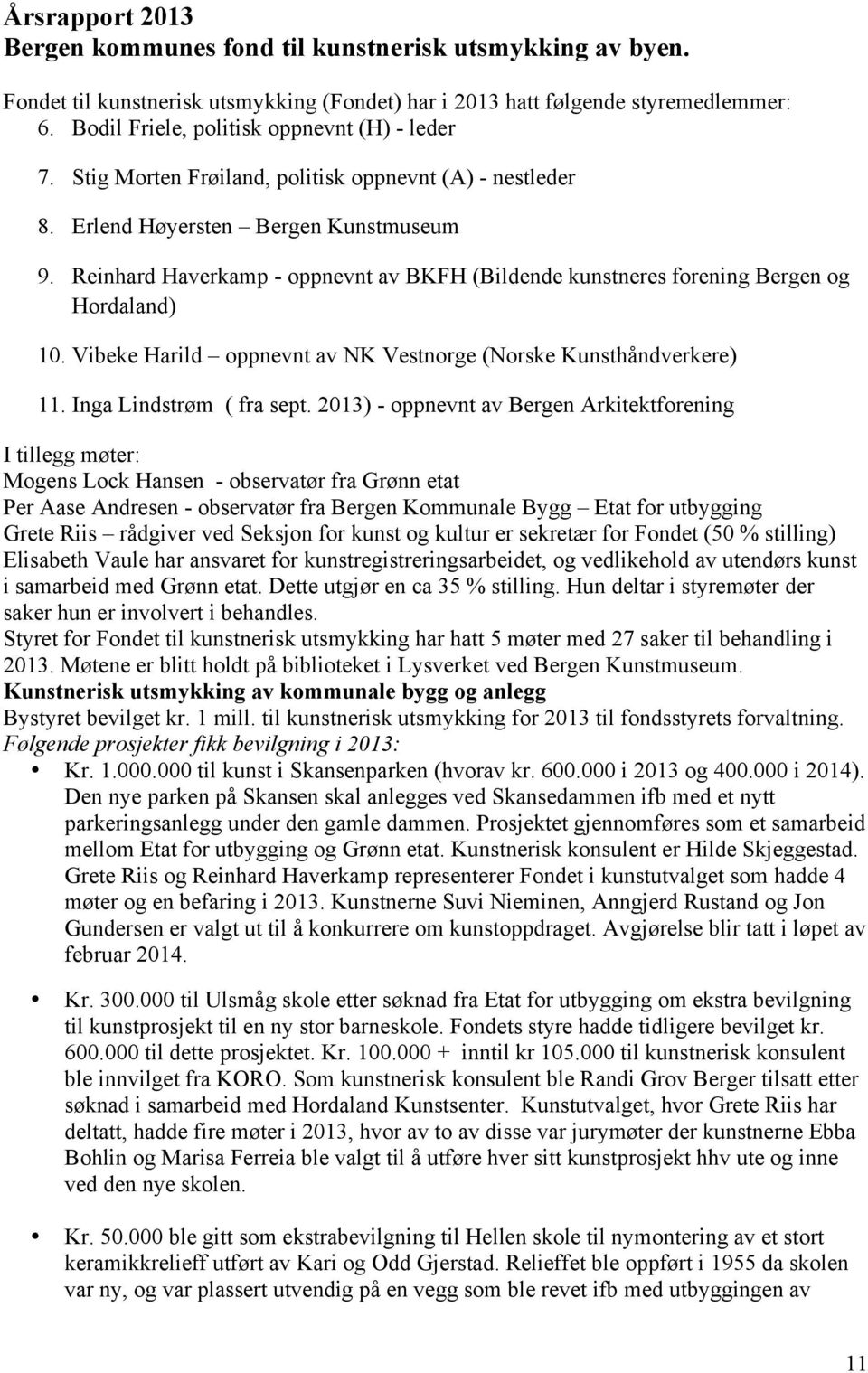 Reinhard Haverkamp - oppnevnt av BKFH (Bildende kunstneres forening Bergen og Hordaland) 10. Vibeke Harild oppnevnt av NK Vestnorge (Norske Kunsthåndverkere) 11. Inga Lindstrøm ( fra sept.