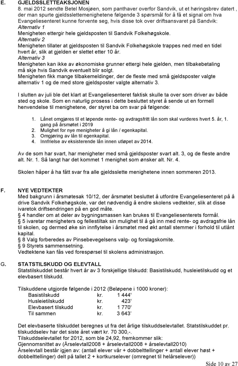 forvente seg, hvis disse tok over driftsansvaret på Sandvik: Alternativ 1 Menigheten ettergir hele gjeldsposten til Sandvik Folkehøgskole.