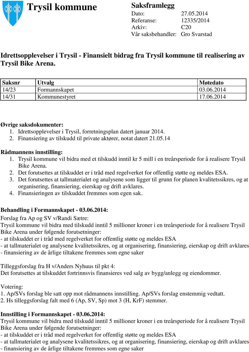 Saksnr Utvalg Møtedato 14/23 Formannskapet 03.06.2014 14/31 Kommunestyret 17.06.2014 Øvrige saksdokumenter: 1. Idrettsopplevelser i Trysil, forretningsplan datert januar 20