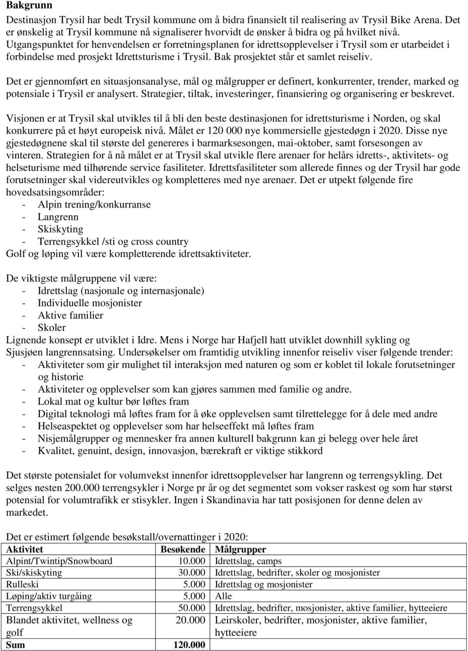 Utgangspunktet for henvendelsen er forretningsplanen for idrettsopplevelser i Trysil som er utarbeidet i forbindelse med prosjekt Idrettsturisme i Trysil. Bak prosjektet står et samlet reiseliv.