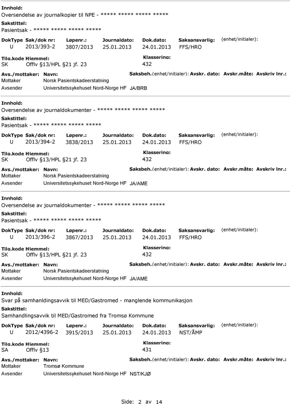 ***** ***** ***** ***** 2013/396-2 3867/2013 432 Mottaker Norsk Pasientskadeerstatning niversitetssykehuset Nord-Norge HF JA/AME Svar på samhanldingsavvik til MED/Gastromed - manglende