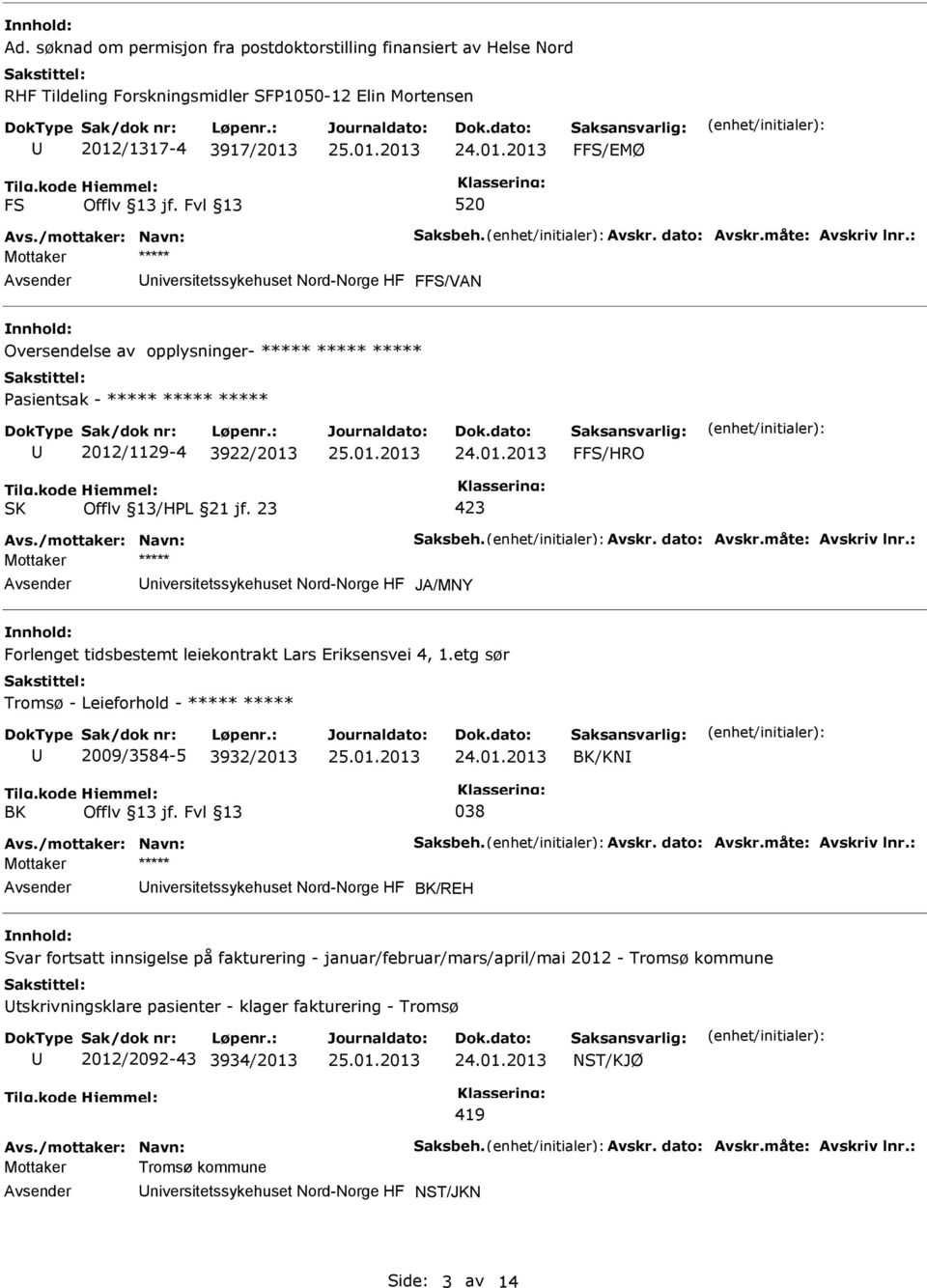 niversitetssykehuset Nord-Norge HF JA/MNY Forlenget tidsbestemt leiekontrakt Lars Eriksensvei 4, 1.etg sør Tromsø - Leieforhold - ***** ***** 2009/3584-5 3932/2013 BK/KN BK Offlv 13 jf.