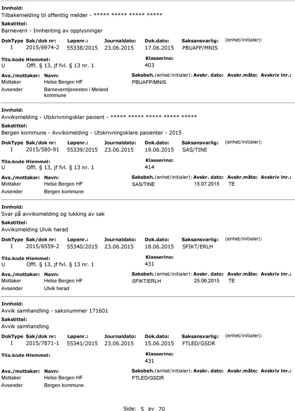 : BAF/MNS Barneverntjenesten i Meland kommune Avviksmelding - tskrivningsklar pasient - ***** ***** ***** ***** ***** Bergen kommune - Avviksmelding - tskrivningsklare pasienter - 2015 2015/580-91