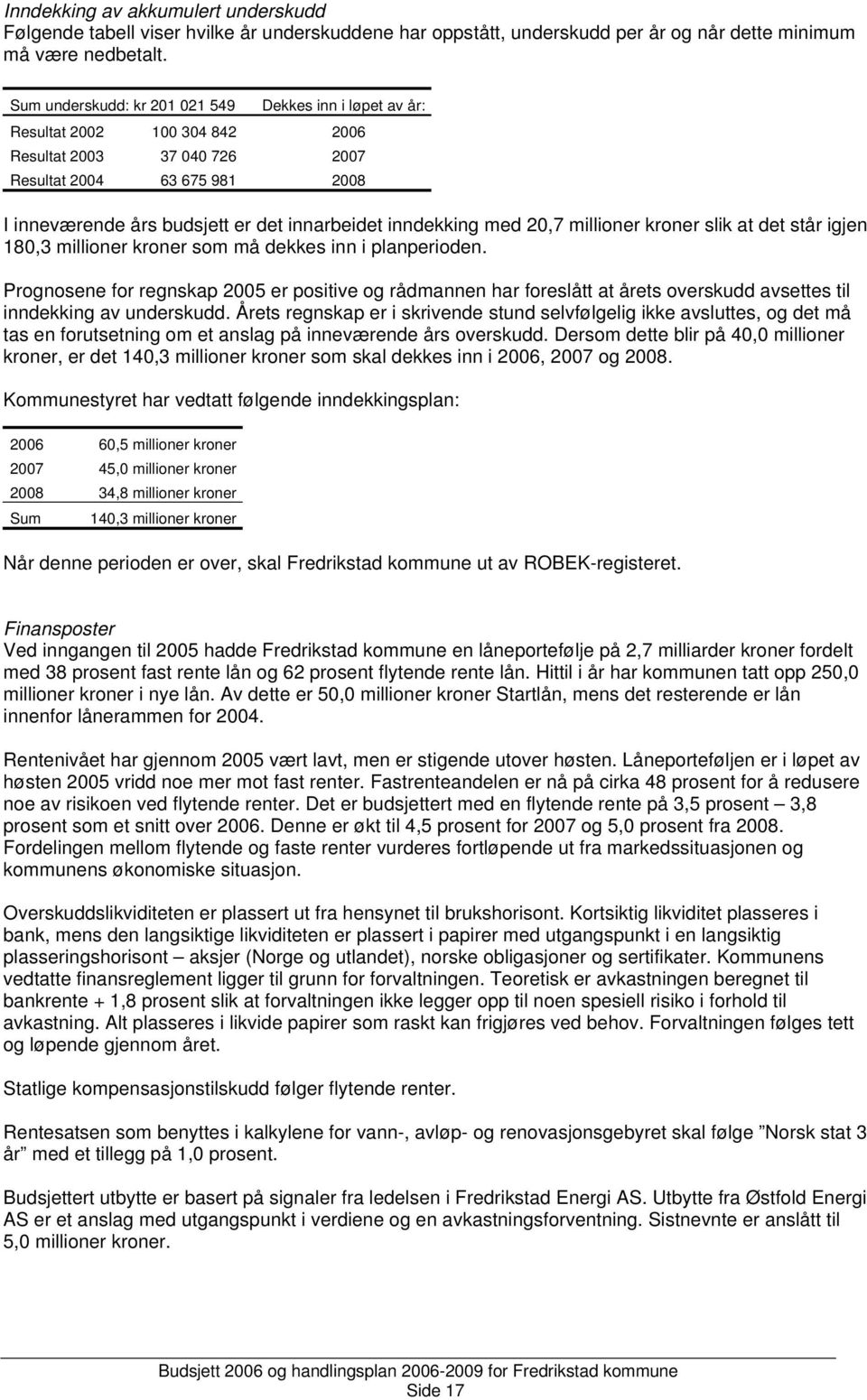 inndekking med 20,7 millioner kroner slik at det står igjen 180,3 millioner kroner som må dekkes inn i planperioden.