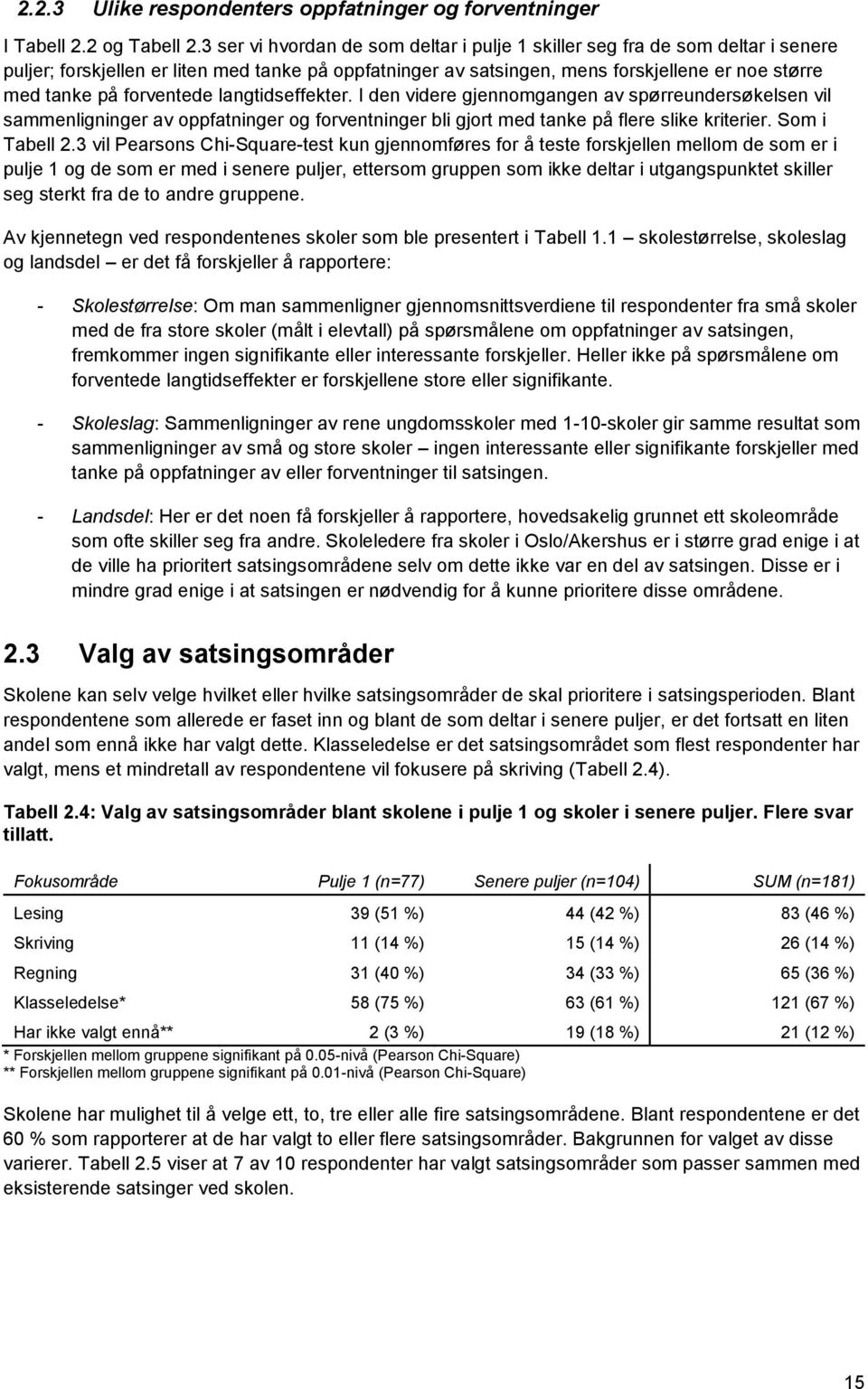 forventede langtidseffekter. I den videre gjennomgangen av spørreundersøkelsen vil sammenligninger av oppfatninger og forventninger bli gjort med tanke på flere slike kriterier. Som i Tabell 2.