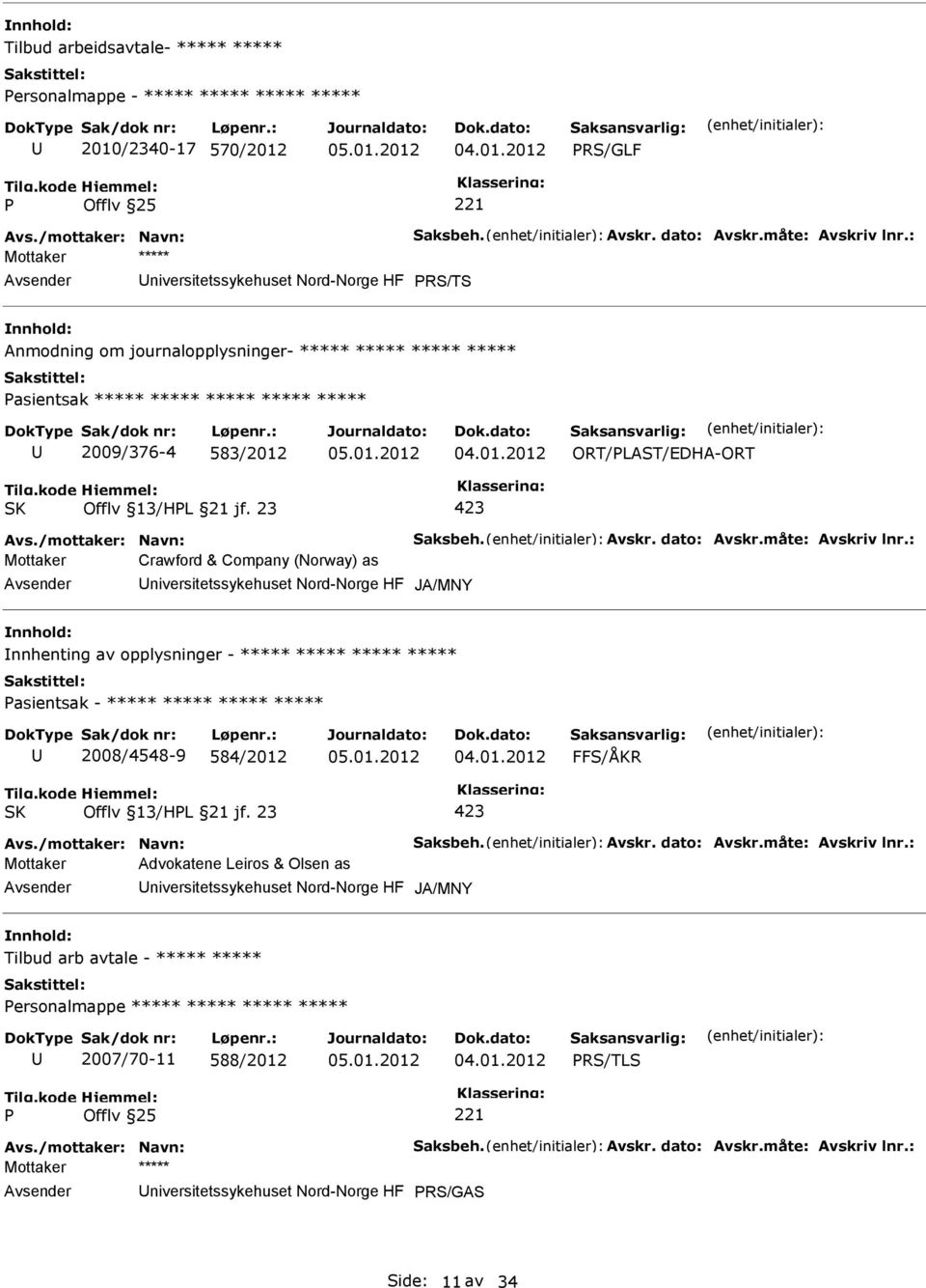 23 423 Mottaker Crawford & Company (Norway) as niversitetssykehuset Nord-Norge HF JA/MNY nnhenting av opplysninger - ***** ***** ***** ***** asientsak - ***** ***** ***** ***** 2008/4548-9