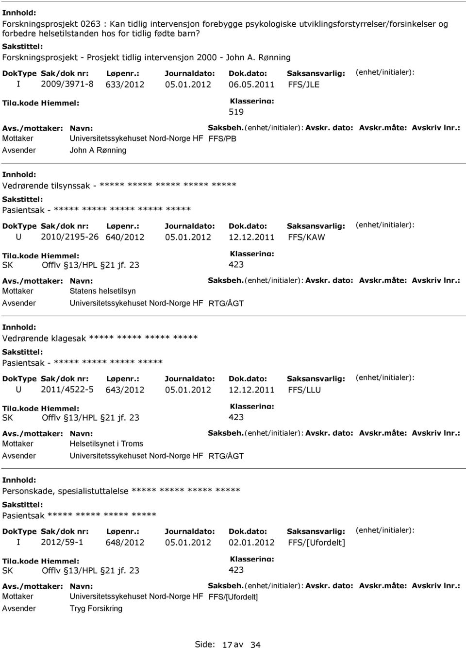 2011 FFS/JLE 519 Mottaker niversitetssykehuset Nord-Norge HF FFS/B John A Rønning Vedrørende tilsynssak - ***** ***** ***** ***** ***** asientsak - ***** ***** ***** ***** ***** 2010/2195-26 640/2012