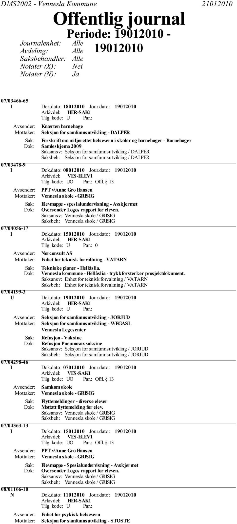 Saksbeh: Seksjon for samfunnsutvikling / DALPER 07/03478-9 I Dok.dato: 08012010 Jour.