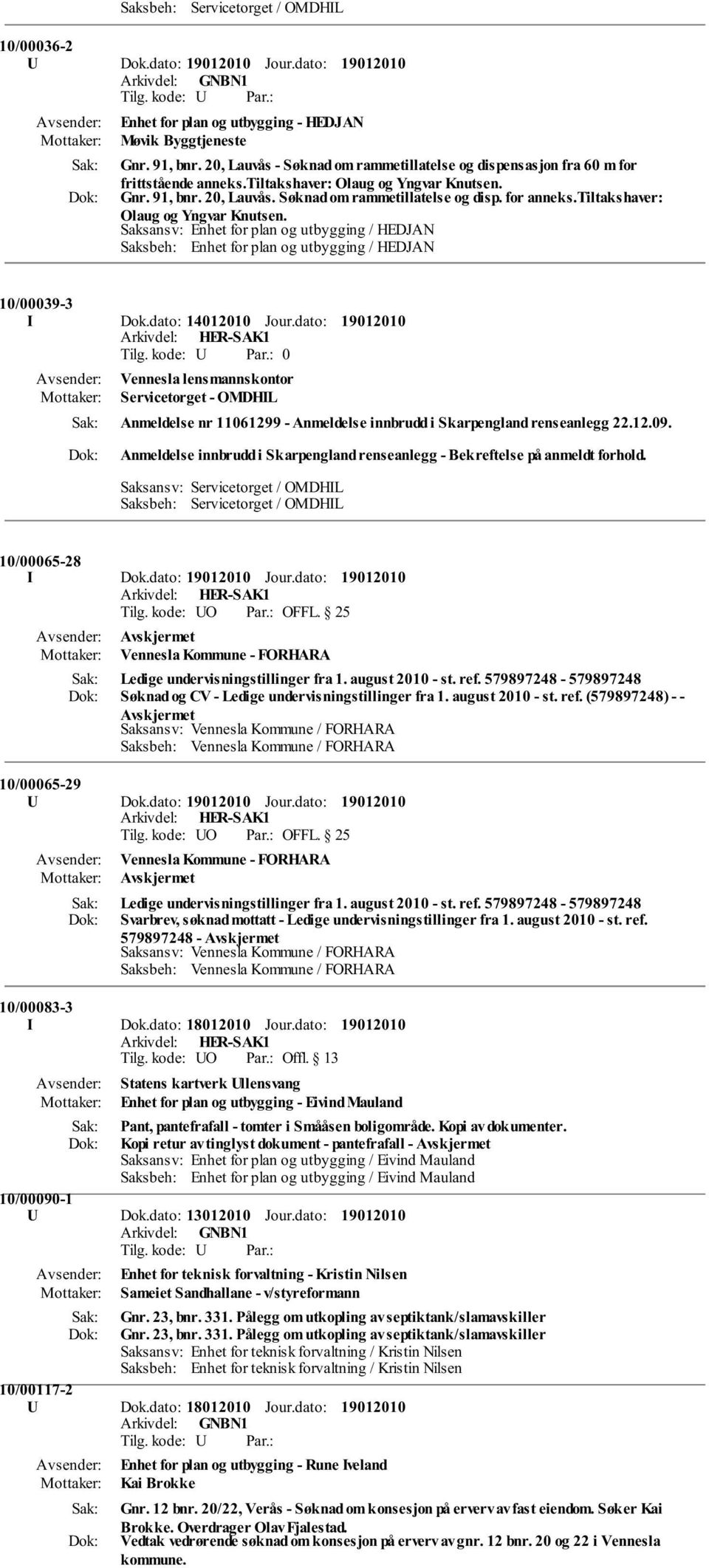 tiltakshaver: Olaug og Yngvar Knutsen. Saksansv: Enhet for plan og utbygging / HEDJAN Saksbeh: Enhet for plan og utbygging / HEDJAN 10/00039-3 I Dok.dato: 14012010 Jour.