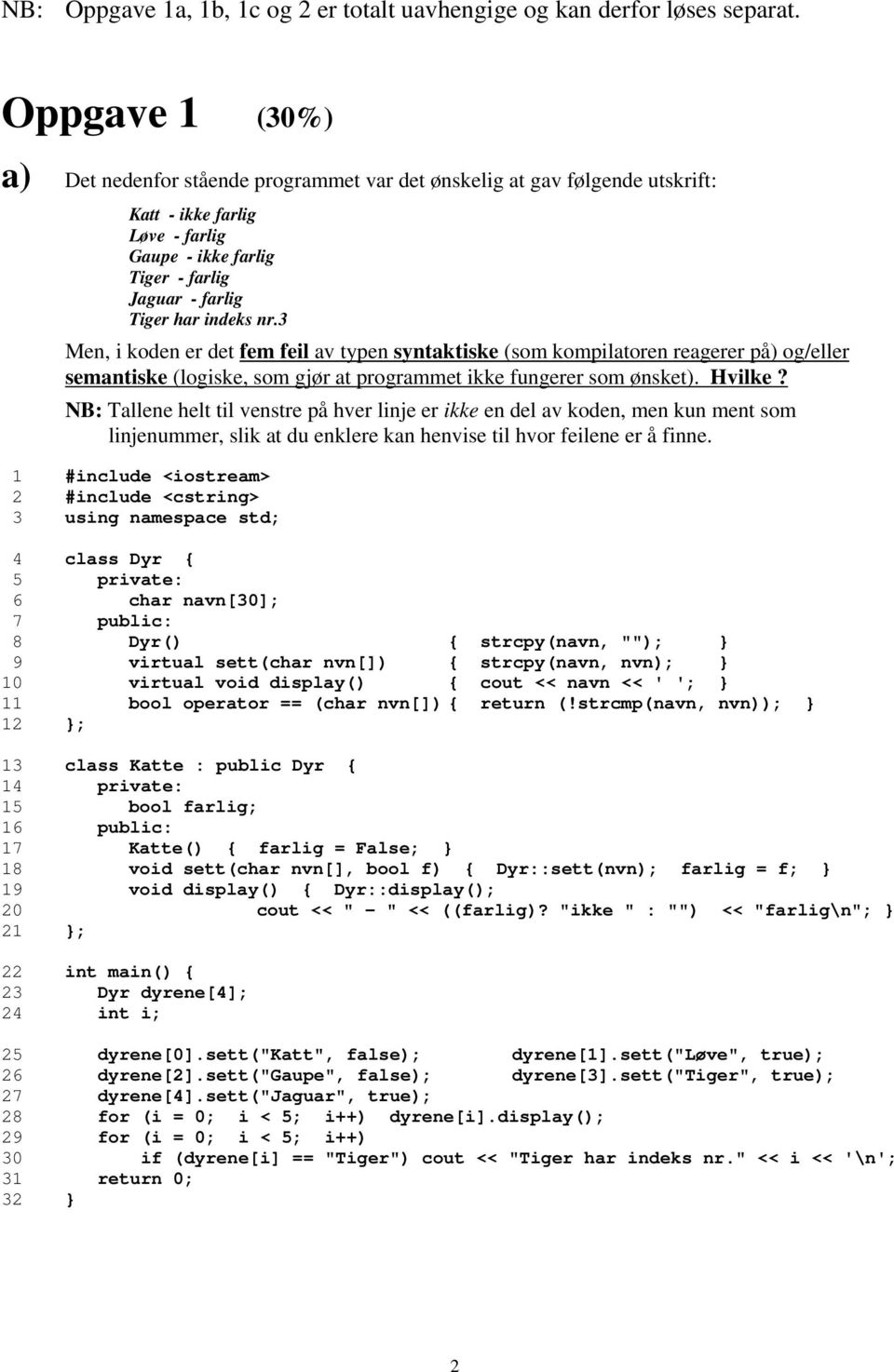 3 Men, i koden er det fem feil av typen syntaktiske (som kompilatoren reagerer på) og/eller semantiske (logiske, som gjør at programmet ikke fungerer som ønsket). Hvilke?