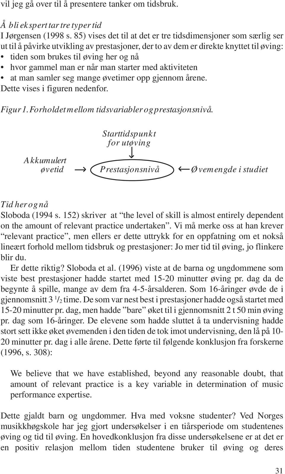 man er når man starter med aktiviteten at man samler seg mange øvetimer opp gjennom årene. Dette vises i figuren nedenfor. Figur 1. Forholdet mellom tidsvariabler og prestasjonsnivå.