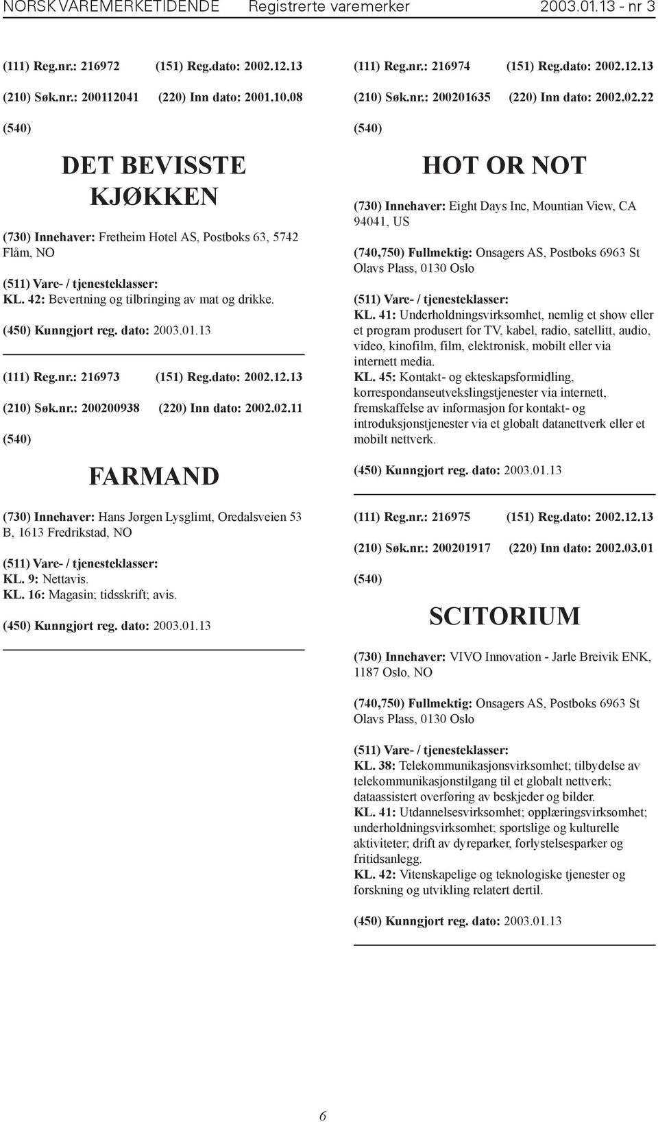 dato: 2002.12.13 (210) Søk.nr.: 200200938 (220) Inn dato: 2002.02.11 FARMAND (730) Innehaver: Hans Jørgen Lysglimt, Oredalsveien 53 B, 1613 Fredrikstad, NO KL. 9: Nettavis. KL. 16: Magasin; tidsskrift; avis.