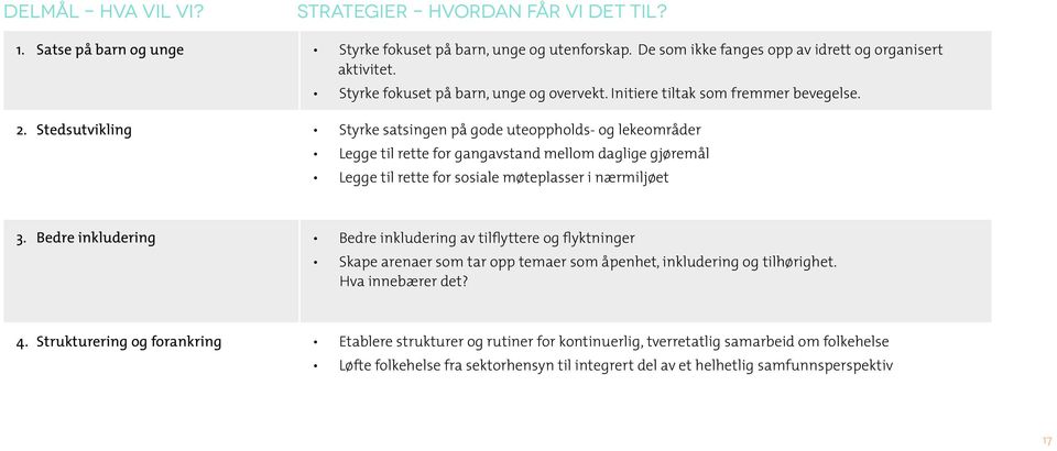 Stedsutvikling Styrke satsingen på gode uteoppholds- og lekeområder Legge til rette for gangavstand mellom daglige gjøremål Legge til rette for sosiale møteplasser i nærmiljøet 3.