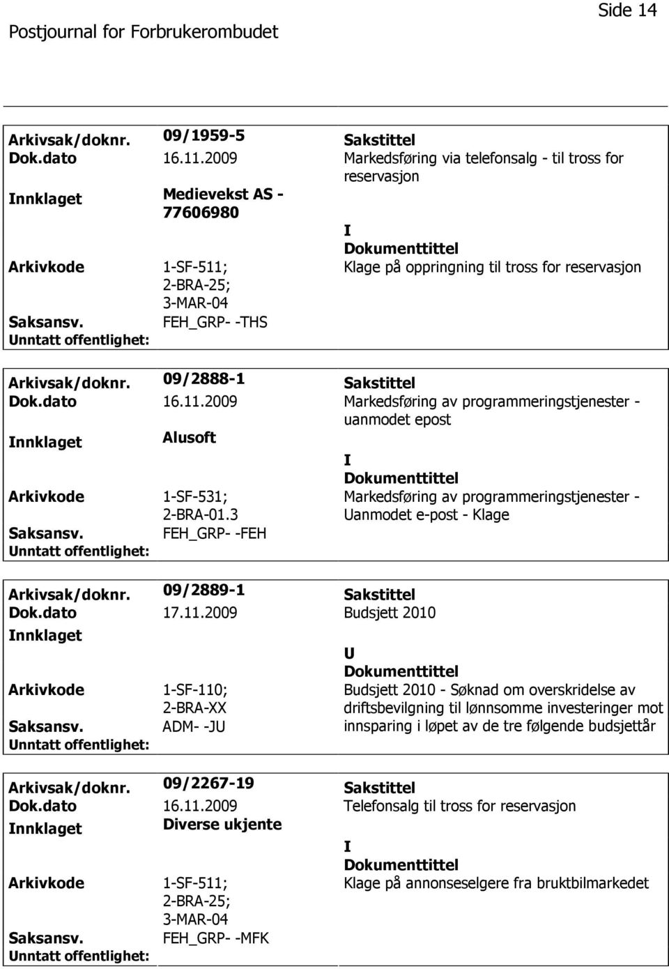 09/2888-1 Sakstittel Dok.dato 16.11.2009 Markedsføring av programmeringstjenester - uanmodet epost nnklaget Alusoft 1-SF-531; 2-BRA-01.