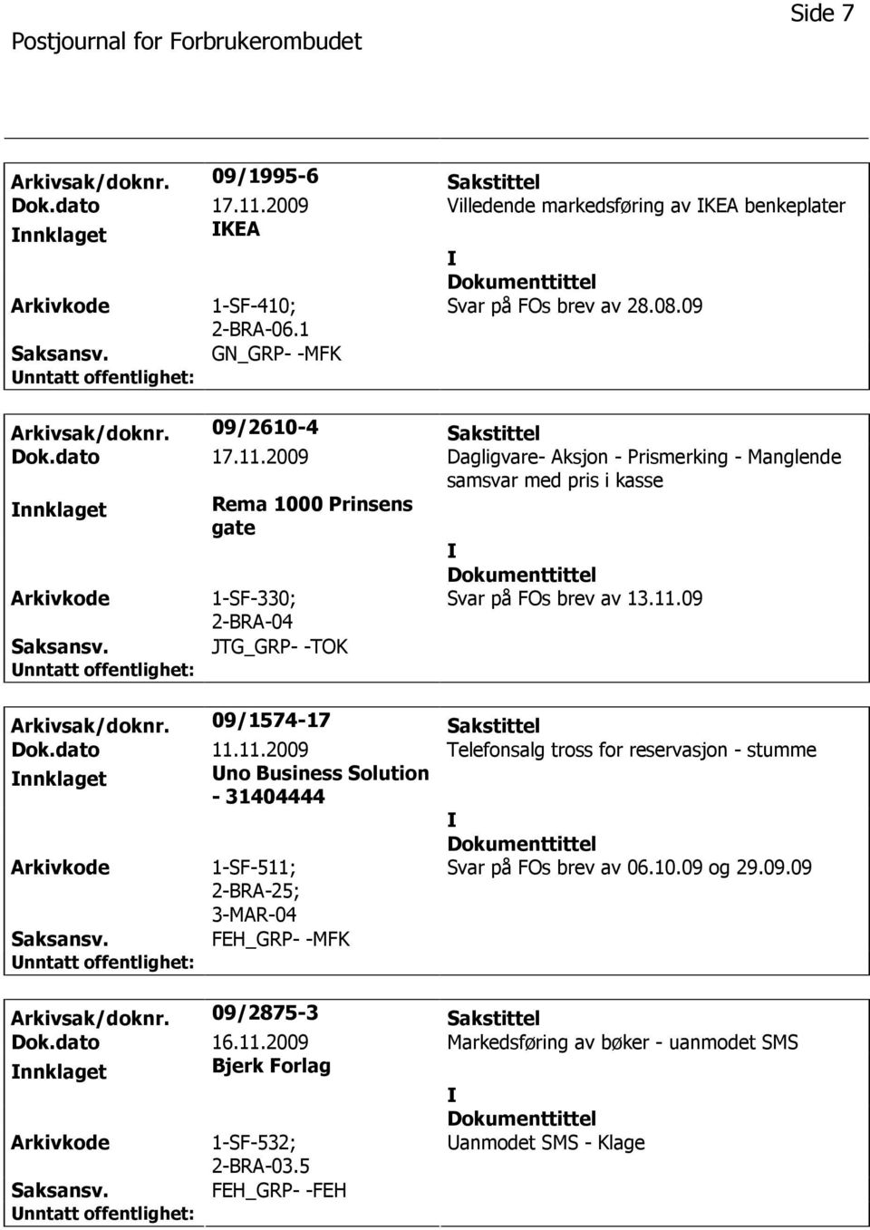 09/1574-17 Sakstittel Dok.dato 11.11.2009 Telefonsalg tross for reservasjon - stumme nnklaget no Business Solution - 31404444 1-SF-511; 2-BRA-25; Svar på FOs brev av 06.10.09 og 29.09.09 FEH_GRP- -MFK Arkivsak/doknr.