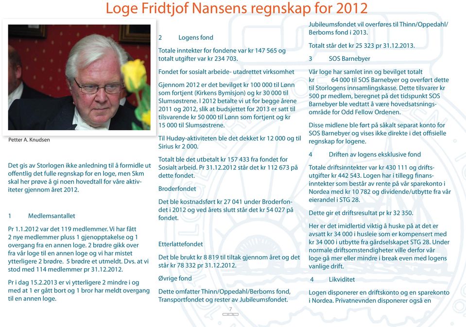 Knudsen Det gis av Storlogen ikke anledning til å formidle ut offentlig det fulle regnskap for en loge, men Skm skal her prøve å gi noen hovedtall for våre aktiviteter gjennom året 2012.