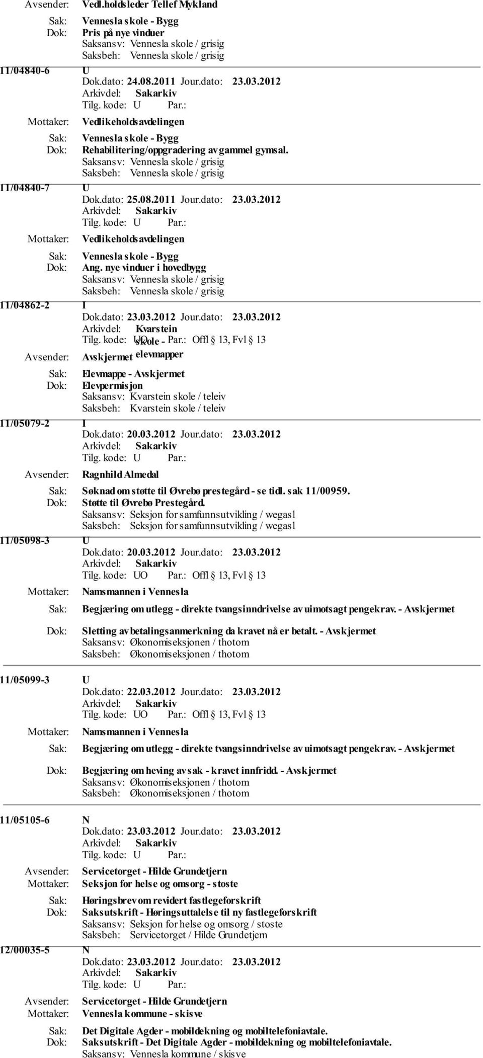 2012 Vedlikeholdsavdelingen Vennesla skole - Bygg Ang. nye vinduer i hovedbygg 11/04862-2 I Arkivdel: Kvarstein Tilg.