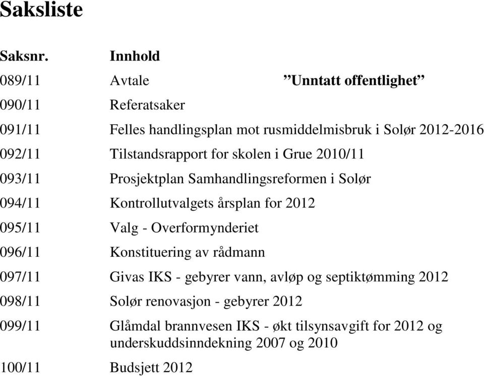 Tilstandsrapport for skolen i Grue 2010/11 093/11 Prosjektplan Samhandlingsreformen i Solør 094/11 Kontrollutvalgets årsplan for 2012 095/11