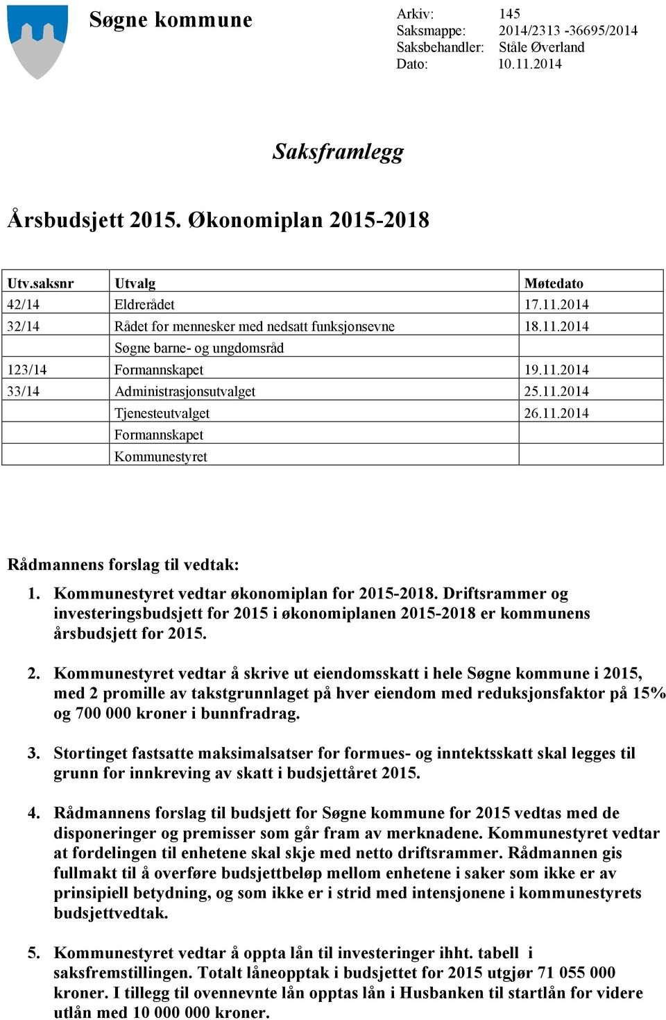 11.2014 Tjenesteutvalget 26.11.2014 Formannskapet Kommunestyret Rådmannens forslag til vedtak: 1. Kommunestyret vedtar økonomiplan for 2015-2018.