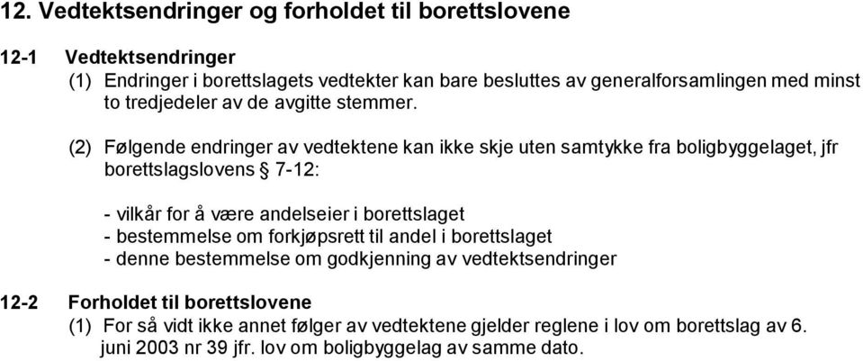 (2) Følgende endringer av vedtektene kan ikke skje uten samtykke fra boligbyggelaget, jfr borettslagslovens 7-12: - vilkår for å være andelseier i borettslaget -