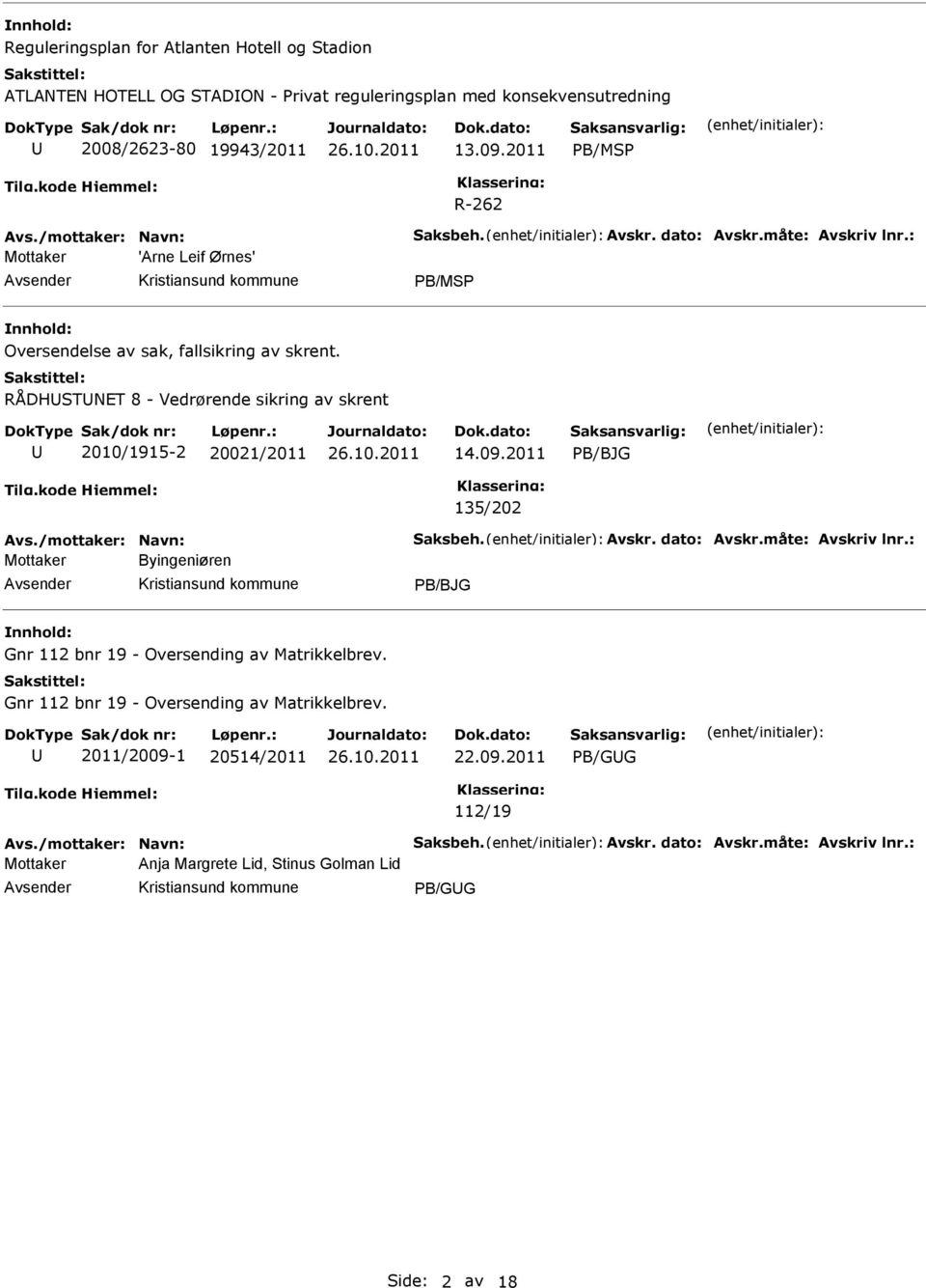 RÅDHSTNT 8 - Vedrørende sikring av skrent 2010/1915-2 20021/2011 14.09.2011 PB/BJG 135/202 Avs./mottaker: Navn: Saksbeh. Avskr. dato: Avskr.måte: Avskriv lnr.