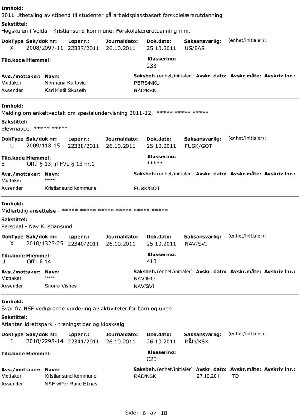 : Mottaker Nermana Kurtovic PRS/NK Karl Kjetil Skuseth RÅD/KSK Melding om enkeltvedtak om spesialundervisning 2011-12, levmappe: 2009/118-15 22338/2011 25.10.2011 FSK/GOT Avs.