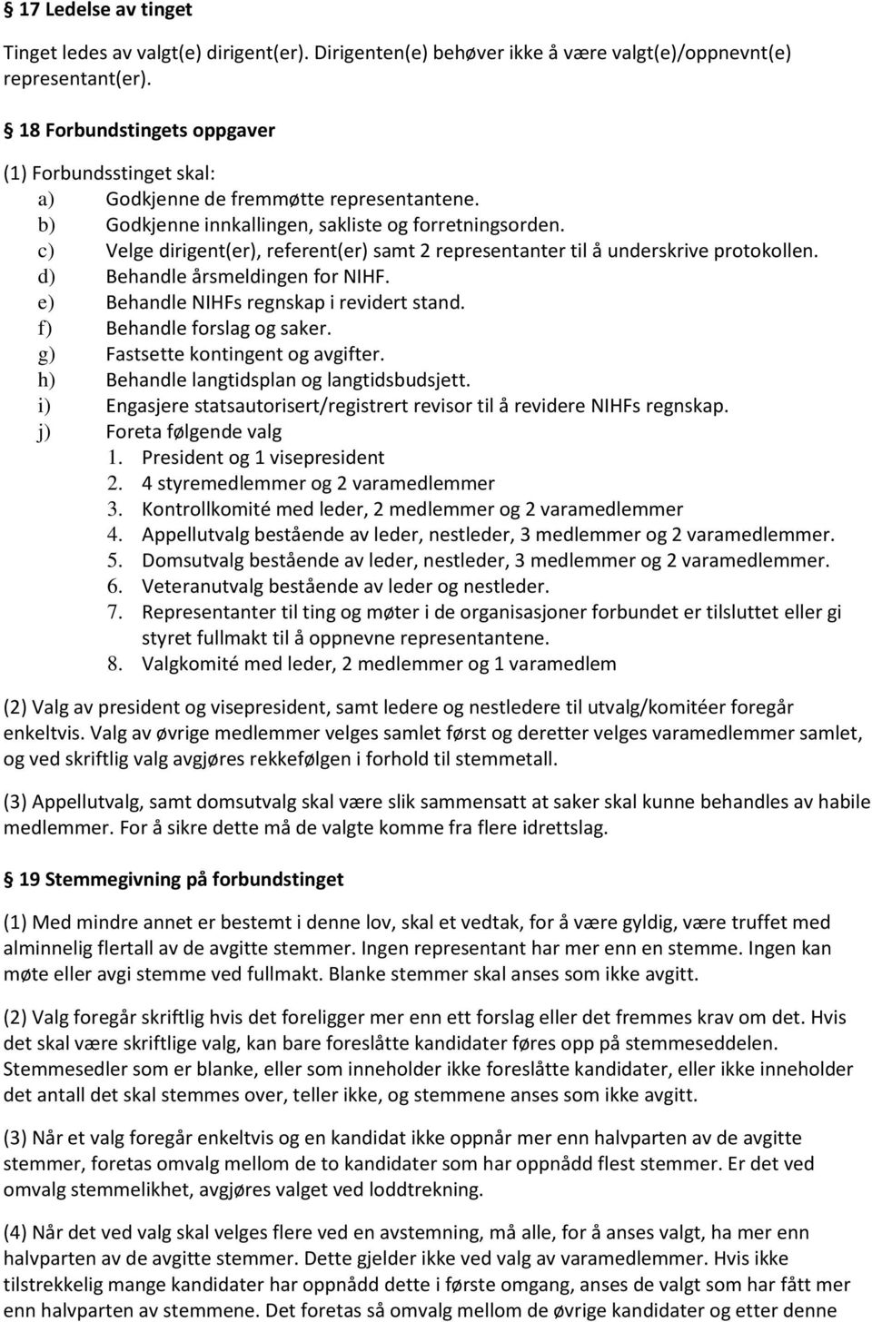 c) Velge dirigent(er), referent(er) samt 2 representanter til å underskrive protokollen. d) Behandle årsmeldingen for NIHF. e) Behandle NIHFs regnskap i revidert stand. f) Behandle forslag og saker.