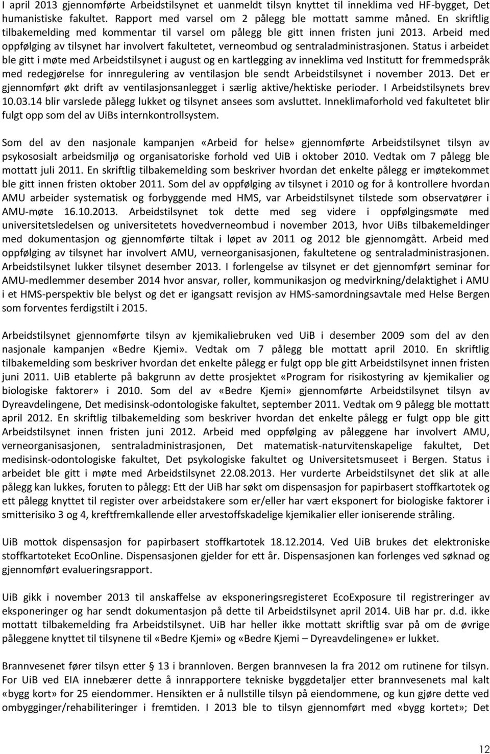 Status i arbeidet ble gitt i møte med Arbeidstilsynet i august og en kartlegging av inneklima ved Institutt for fremmedspråk med redegjørelse for innregulering av ventilasjon ble sendt