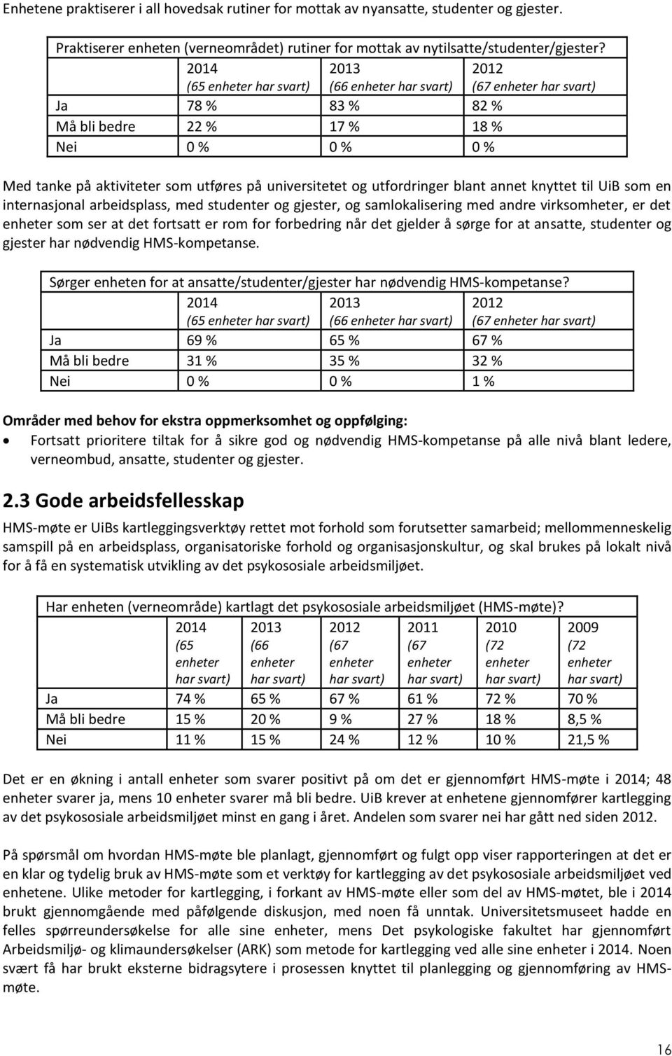 og utfordringer blant annet knyttet til UiB som en internasjonal arbeidsplass, med studenter og gjester, og samlokalisering med andre virksomheter, er det enheter som ser at det fortsatt er rom for