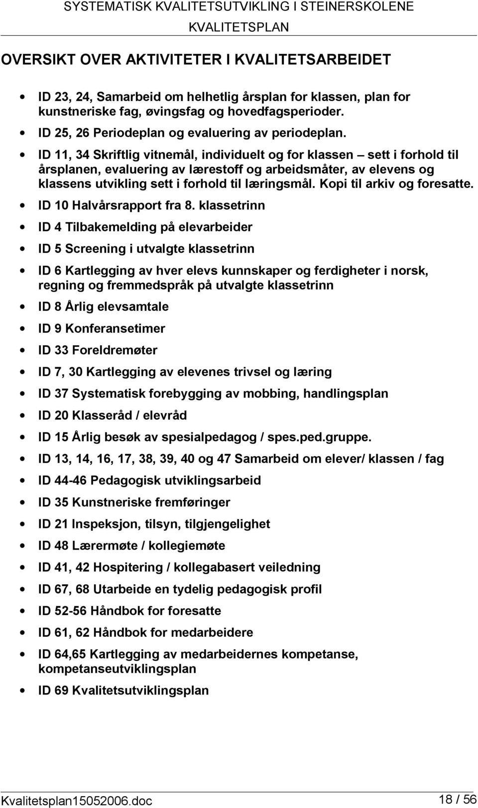 11, 34 Skriftlig vitnemål, individuelt og for klassen sett i forhold til årsplanen, evaluering av lærestoff og arbeidsmåter, av elevens og klassens utvikling sett i forhold til læringsmål.