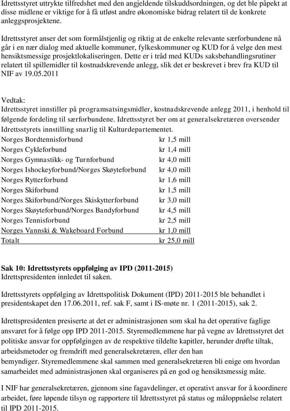 Idrettsstyret anser det som formålstjenlig og riktig at de enkelte relevante særforbundene nå går i en nær dialog med aktuelle kommuner, fylkeskommuner og KUD for å velge den mest hensiktsmessige