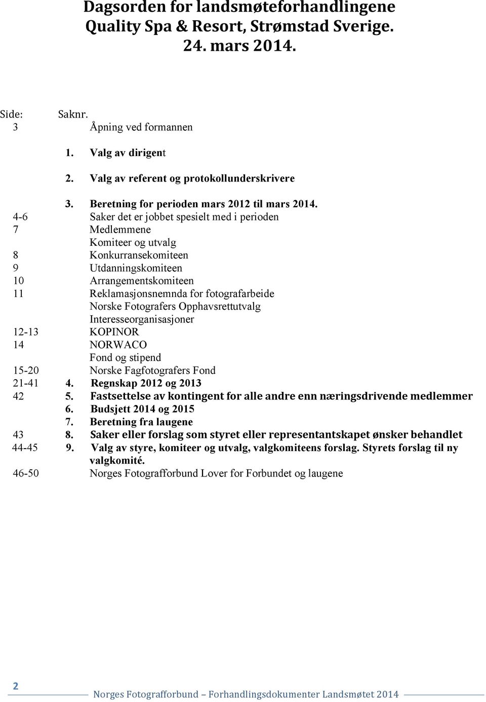 4-6 Saker det er jobbet spesielt med i perioden 7 Medlemmene Komiteer og utvalg 8 Konkurransekomiteen 9 Utdanningskomiteen 10 Arrangementskomiteen 11 Reklamasjonsnemnda for fotografarbeide Norske