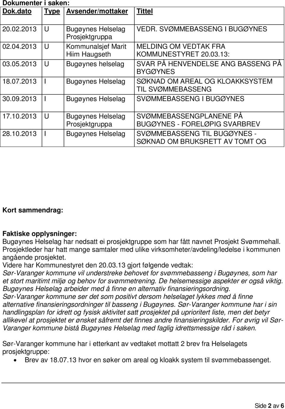 2013 I Bugøynes Helselag SØKNAD OM AREAL OG KLOAKKSYSTEM TIL SVØMMEBASSENG 30.09.2013 I Bugøynes Helselag SVØMMEBASSENG I BUGØYNES 17.10.