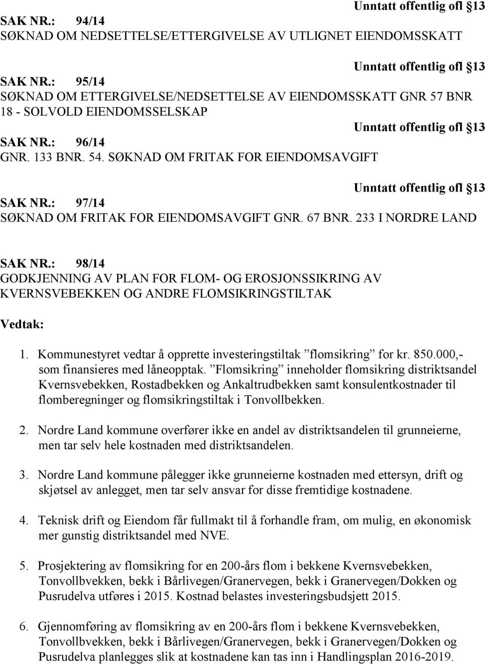 SØKNAD OM FRITAK FOR EIENDOMSAVGIFT Unntatt offentlig ofl 13 SAK NR.: 97/14 SØKNAD OM FRITAK FOR EIENDOMSAVGIFT GNR. 67 BNR. 233 I NORDRE LAND SAK NR.