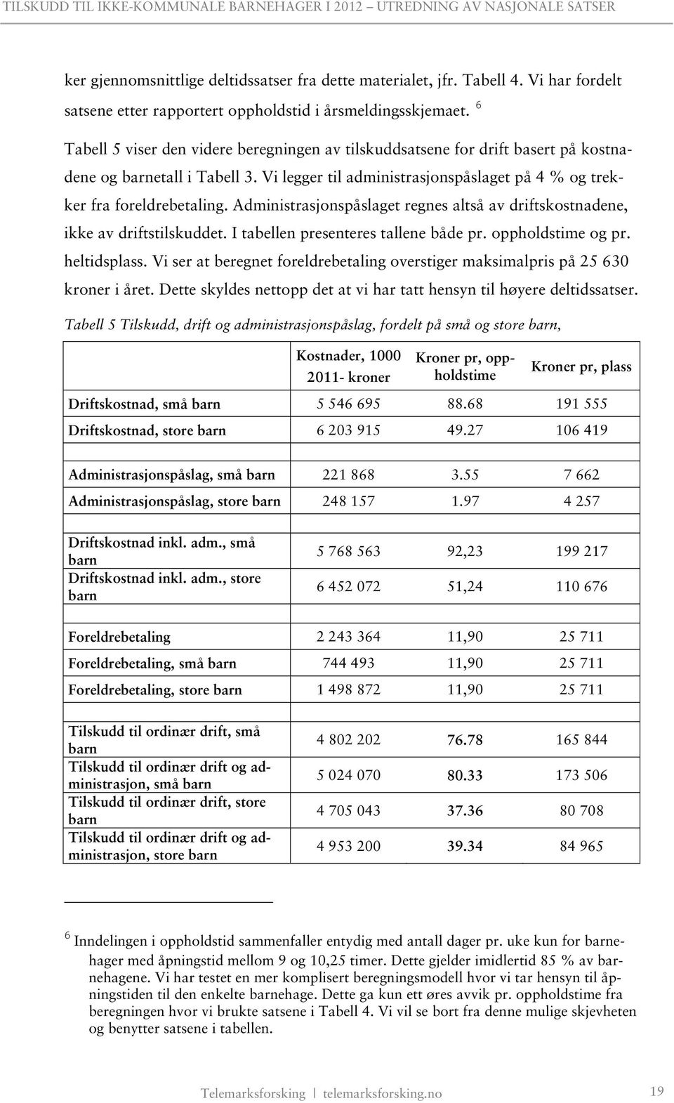 Administrasjonspåslaget regnes altså av driftskostnadene, ikke av driftstilskuddet. I tabellen presenteres tallene både pr. oppholdstime og pr. heltidsplass.