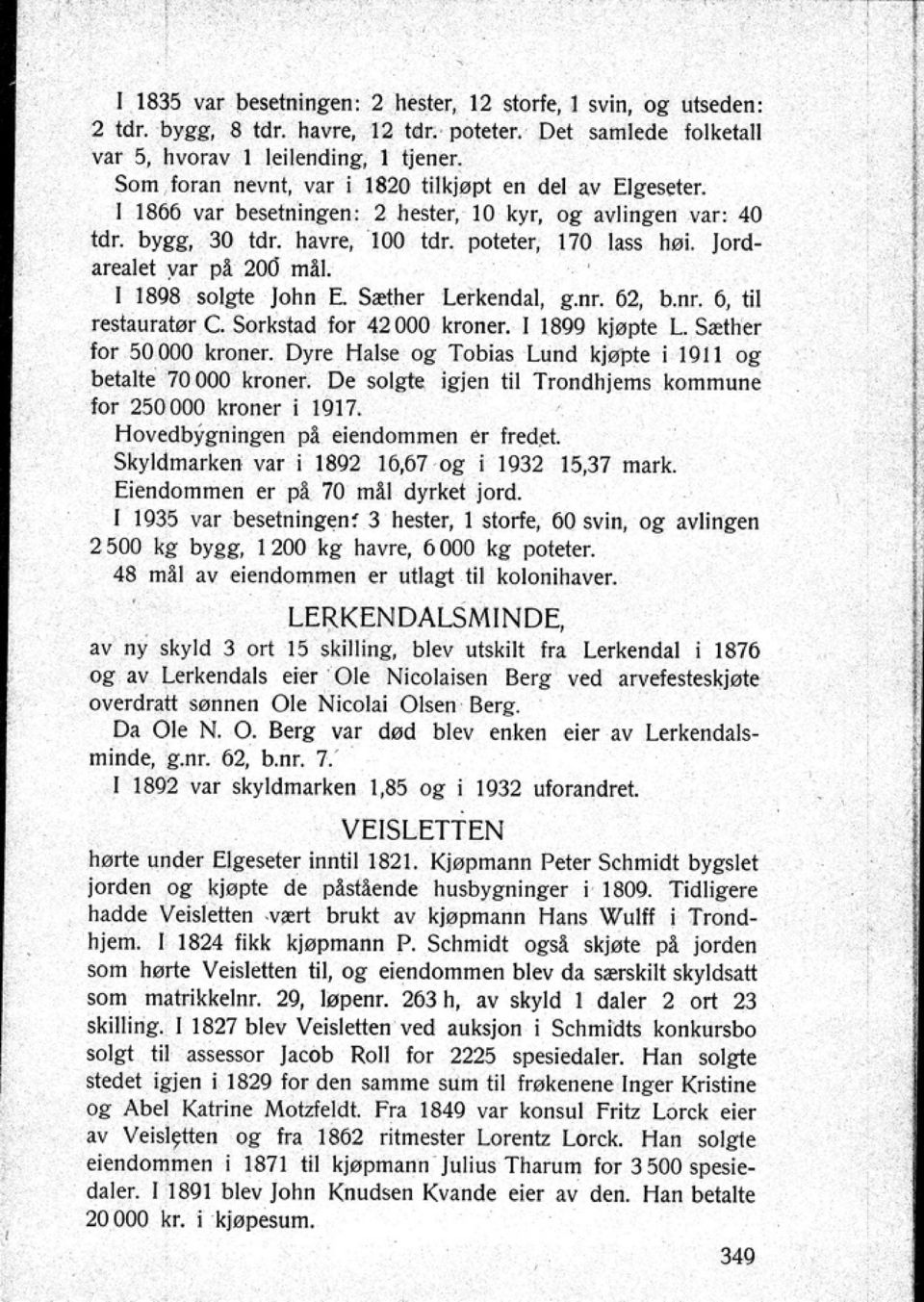 I 1898 solgte John E. Sæther Ltrkendal g.nr. 62 b.nr. 6 til restauratør C Sorkstad for 42000 kroner. I 1899 kjøpte L Sæther lor 50000 kroner.