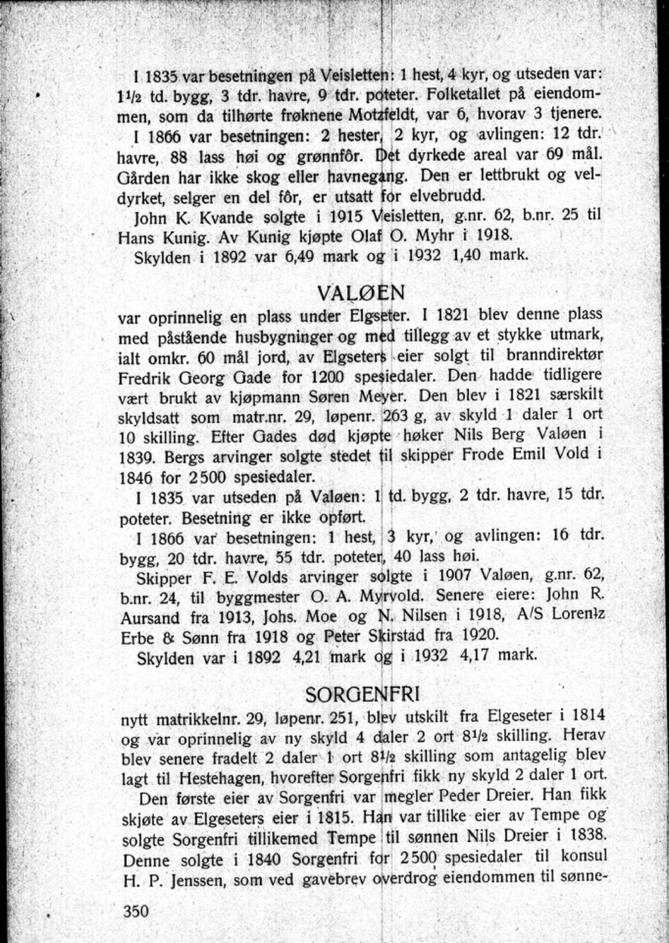 Den er lettbrukt og veldyrket selger en del for er utsatt for elvebrudd. John K. Kv.nde solgte i 1915 Vdsletten g.nr. 62 b.nt. 25 til Hans Kunig. Av Kunlg kjøpte Old Q. M yhr r 1918.