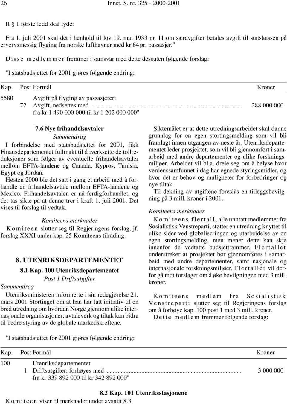 " D i s s e m e d l e m m e r fremmer i samsvar med dette dessuten følgende forslag: 5580 Avgift på flyging av passasjerer: 72 Avgift, nedsettes med.