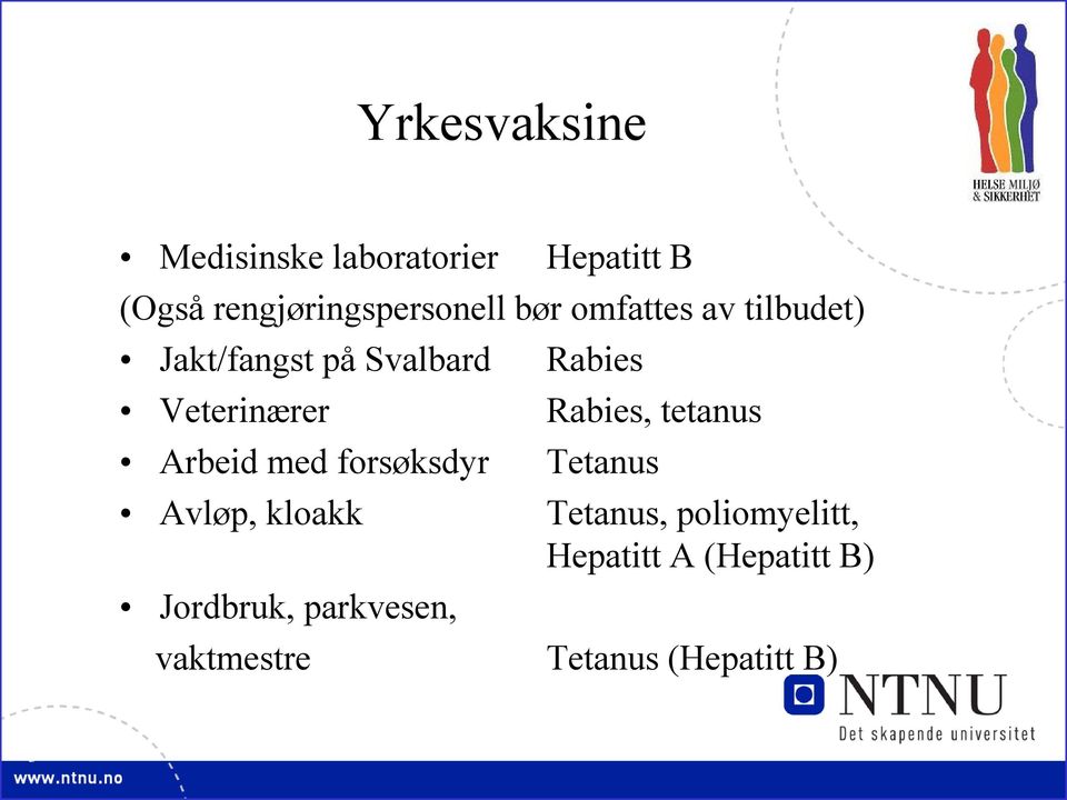 tetanus Arbeid med forsøksdyr Tetanus Avløp, kloakk Tetanus, poliomyelitt,