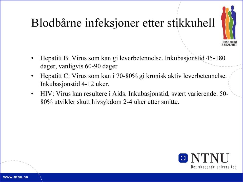 kronisk aktiv leverbetennelse. Inkubasjonstid 4-12 uker. HIV: Virus kan resultere i Aids.