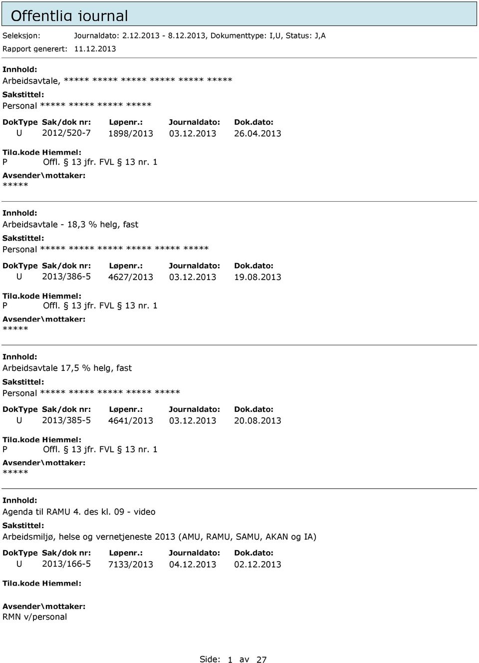 2013 Arbeidsavtale 17,5 % helg, fast ersonal 2013/385-5 4641/2013 20.08.2013 Agenda til RAM 4. des kl.